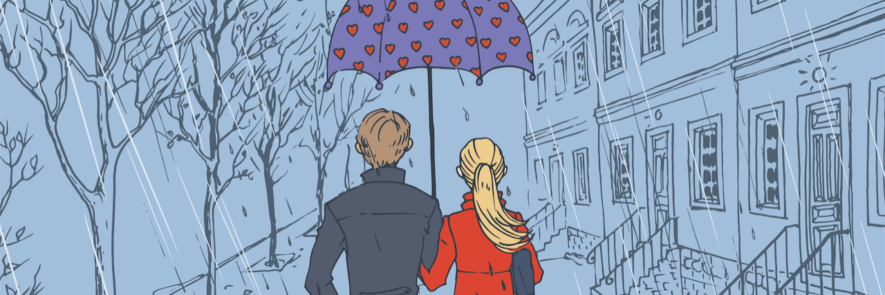 Illustration of couple walking in the rain, holding an umbrella with hearts on it