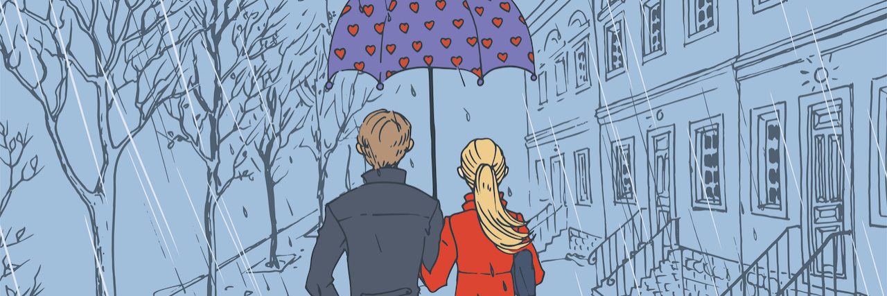 When Both Spouses in a Marriage Have Mental Illness Illustration of couple walking in the rain, holding an umbrella with hearts on it