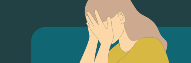 Vector of a woman with her knees to her chest, hands covering her face in shame