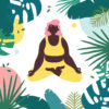 Illustration of Black woman in lotus yoga pose/meditating in tropical surrounding