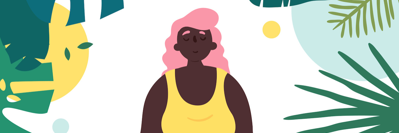 Rebuilding My Yoga and Meditation Practice With Depression Illustration of Black woman in lotus yoga pose/meditating in tropical surrounding