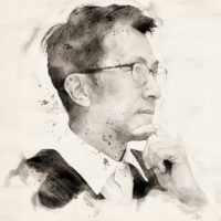 Drawing of Asian-American man wearing glasses.