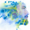 Paintography double exposure portrait of a man with strong features combined with painting of colorful cloudy ink brushstrokes and splatter