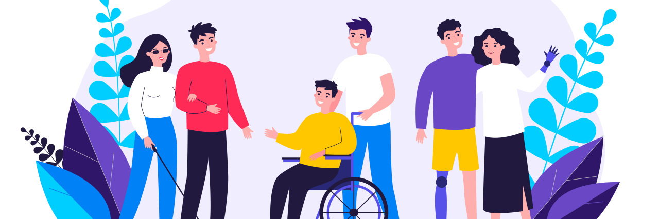 How to Be More Disability-Inclusive in Your Relationships Friends with and without visible disabilities. People using a wheelchair, prosthetics, blind person using a cane..