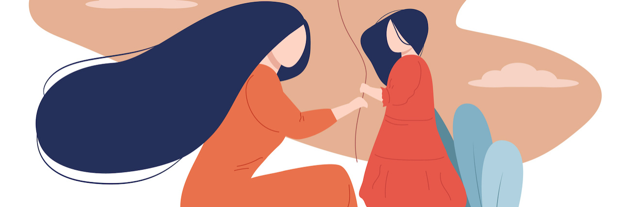 Tips on Parenting Children Through Grief Illustration of mother and child holding heart balloon