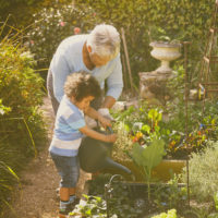 Grandmother and child gardening outdoors.