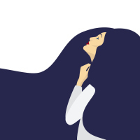 Illustration of woman looking up and surrounded by long dark hair