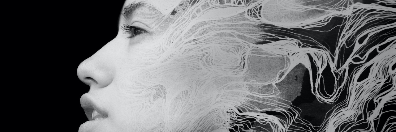 Dealing With Setbacks in Recovery With Borderline Personality Disorder A grey monochrome portrait of a woman's profile against dark background combined with an abstract painting in a paintography technique