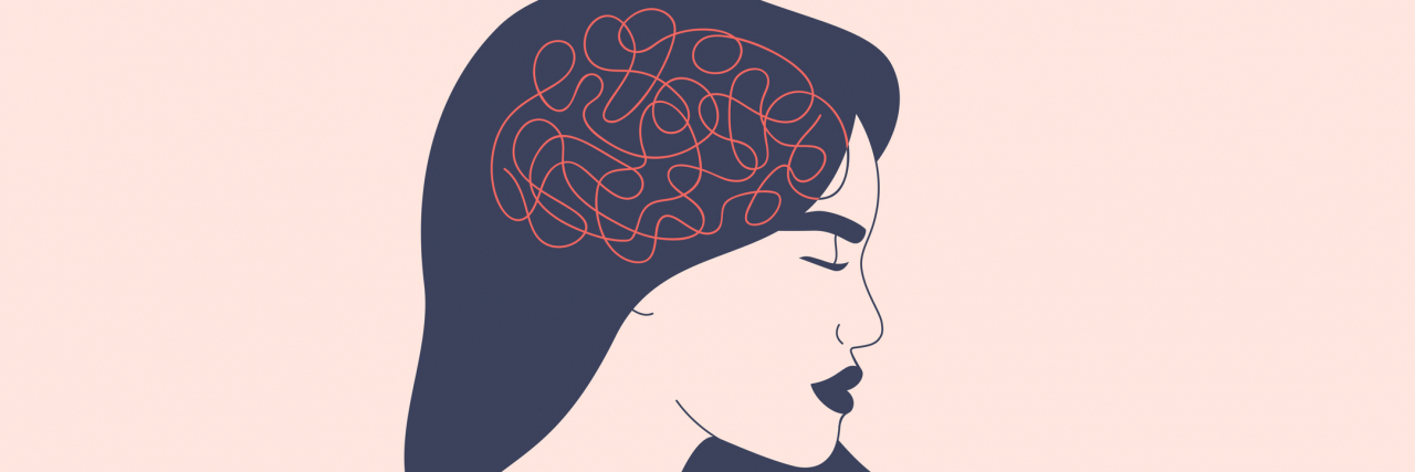Illustration of woman with dark hair and eyes closed. Drawing of brain overlayed onto her head.