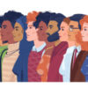 Side view illustrated portraits of diverse, multiracial and multicultural group of people
