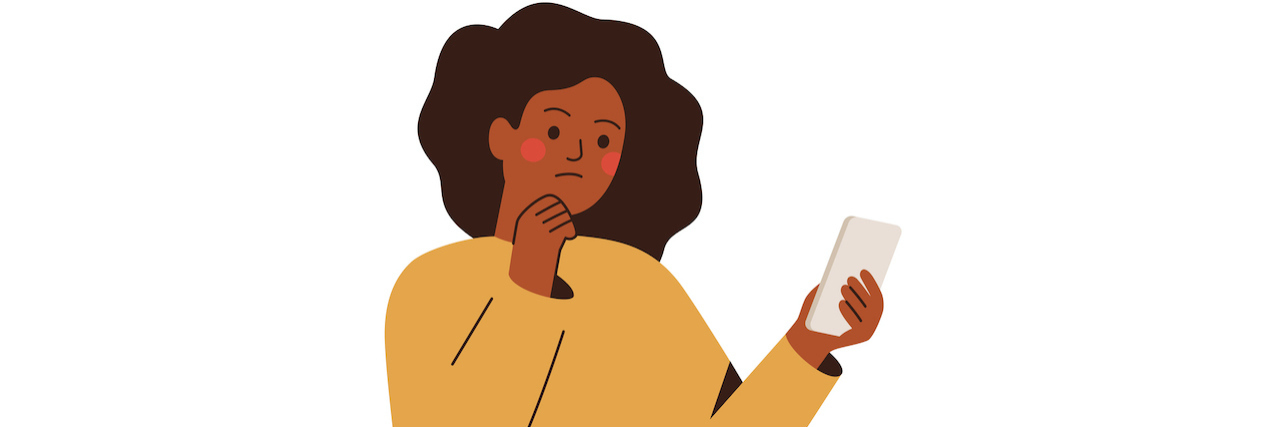 Resources to Help When You're in a Mental Health Crisis Illustration of Black woman holding phone thoughtfully