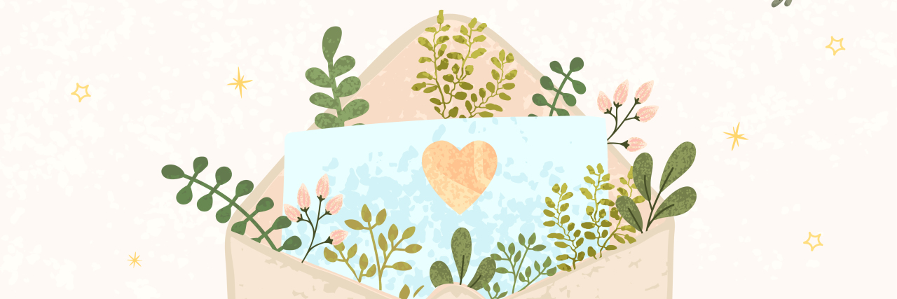 A Letter to Myself When I Cancel Plans Because of Chronic Illness Woman holding an envelope with paper and flowers emerging from it.