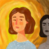 Illustration of a woman looking sad with her inner critic behind her yelling