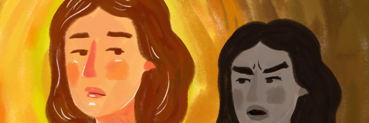 When Mental Illness and Disability Make Positive Self-Talk Hard Illustration of a woman looking sad with her inner critic behind her yelling