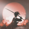 Samurai with sword standing on sunset background.
