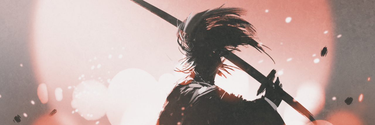 Battling Guilt and Grief in Life With Ehlers-Danlos Syndrome Samurai with sword standing on sunset background.
