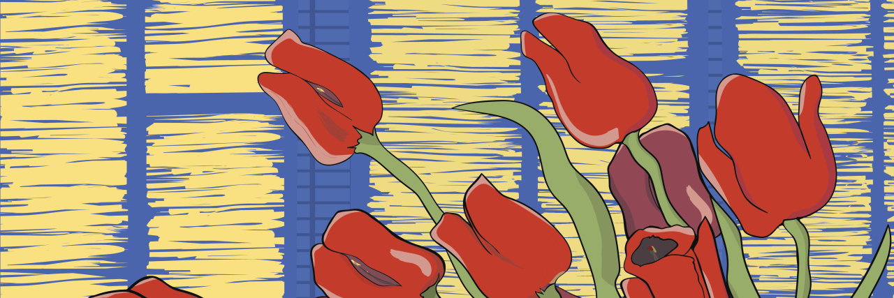 What Labor Day Feels Like as a Disabled Person Who Can't Work A stylized drawing of beautiful red tulips on yellow-blue background