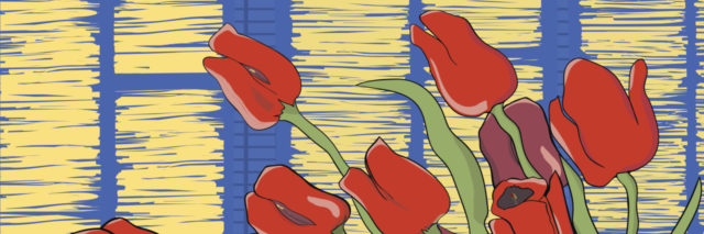 A stylized drawing of beautiful red tulips on yellow-blue background