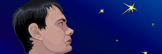 Drawing of a young man looking at the stars.