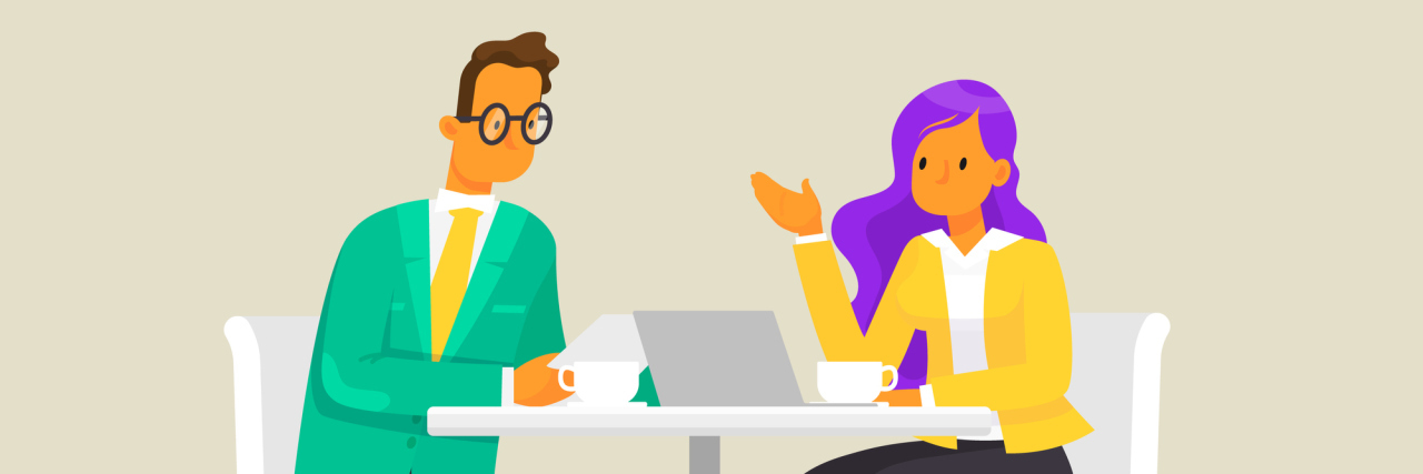 How to Respond to 'Toxic Positivity' Mindsets: 5 Things You Can Say Vector of two people talking at a table