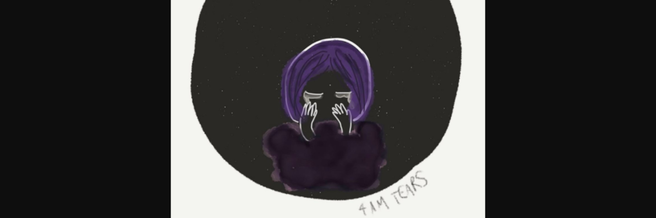 Drawing of a girl with purple hair crying with her hands raised towards her face. The background is black with small dots as stars. Outside the drawing circle the words, “4 AM TEARS”, are written in black.