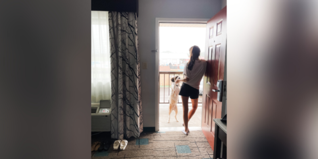Photo of contributor standing in doorway and looking out of hotel room with her dog