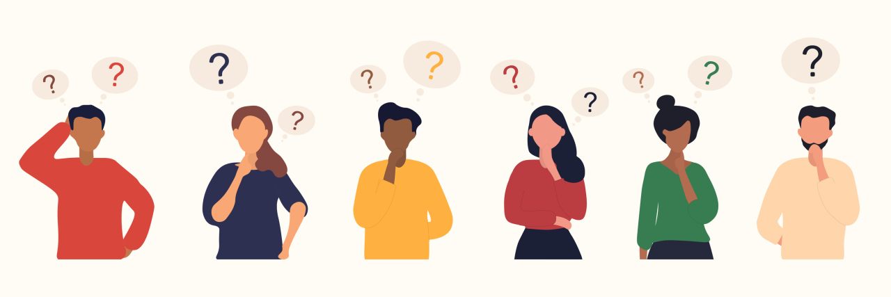 Vector of six people thinking with question marks above their heads
