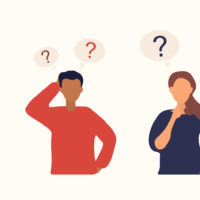 Vector of six people thinking with question marks above their heads