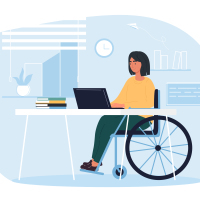 Woman in wheelchair working at desk.