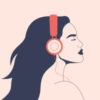Illustration of confident woman listens to music with headphones.