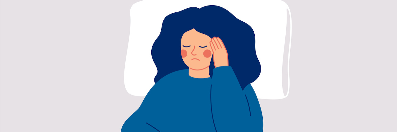 7 Useful Tools for Coping With a Migraine Flare Illustration of person in bed, holding their head