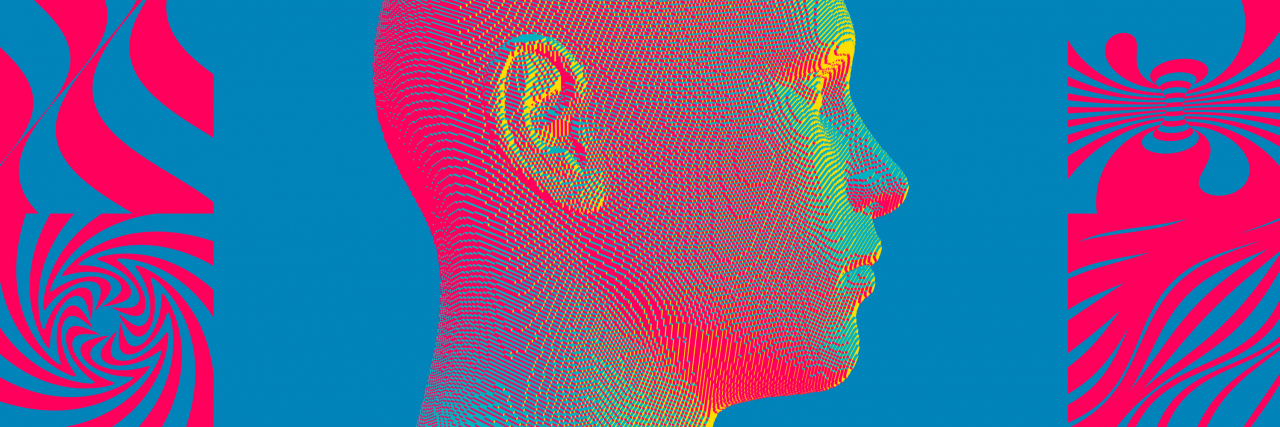 Abstract digital human head constructing from cubes in a geometric pattern