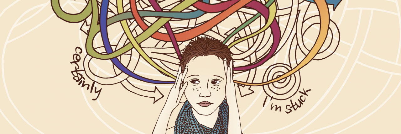 How Overthinking Can Be a Symptom of Mental Illness Conceptual image of a woman with hands on the side of her head and criss-crossing arrows above her jumbled up