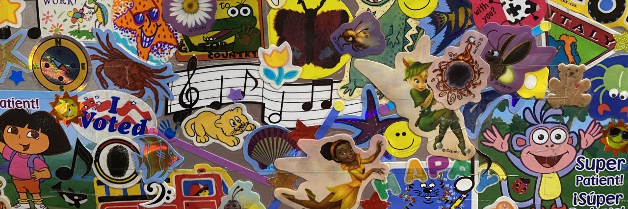 Why I Wish Doctors Gave Stickers to Adults, Too Becca's collection of stickers.