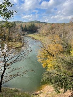 Photo overlooking a river on a sunny day. Some trees that are losing their leaves in autumn, and the river is a greenish blue . Mountains in background.