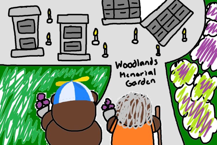 A graphic drawn by the author which displays two people carrying flowers and facing several tombstones and candles at a memorial site next to a garden. The memorial space is labeled "Woodlands Memorial Garden." 