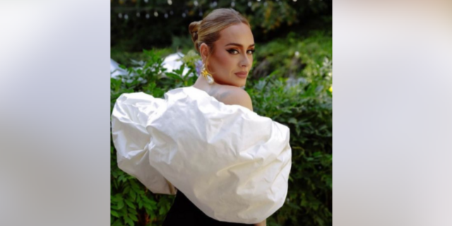 Photo of Adele wearing dress with white sleeves and looking back over her shoulder