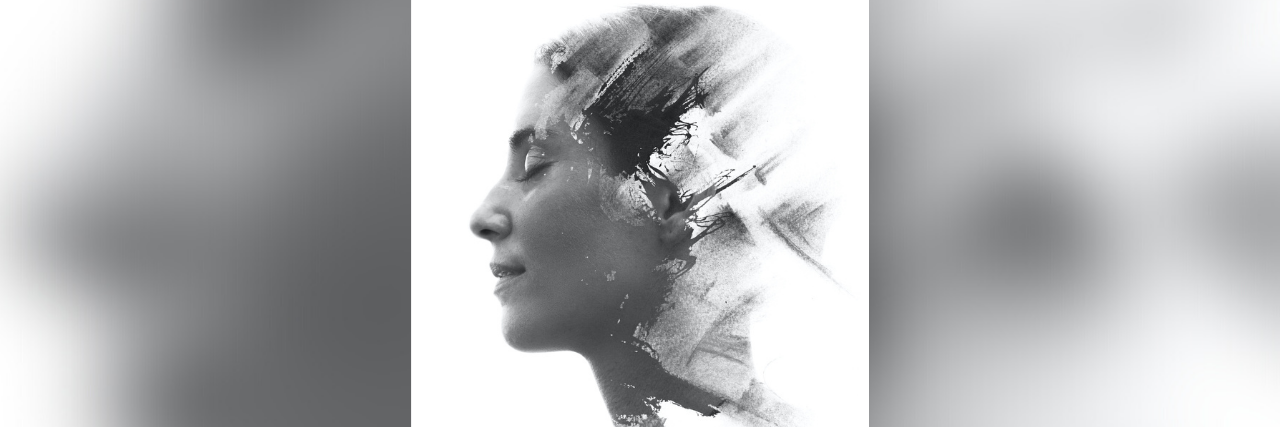 Paintography double exposure of woman's profile fading away