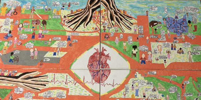 The Ohio Caregiver Crisis and the Hoops That Block Access to Care Flamingo red road with people of different backgrounds, cultures and genders some old and some young. People with disabilities and able-bodied people, caregivers and family members. Some of people have mobility devices walkers, white canes, wheelchairs, and canes. There are people all around each with a speech bubble describing the caregiver crisis. Some of them say “pay a living wage”, “caregiver crisis is human rights issue”, “grandma wants to stay home but there are no caregivers”, “PCA shortage” and much more. There is green grass also, green and yellow grass. A human heart in middle of four canvases. Two hands overcast a city that are black brown and white and a hand comes in from the left of the bottom canvas. There is mention of this crisis being in hospitals, nursing homes, developmental centers, and in relation to community waivers. There is a court house representing the Supreme Court. An Ohio map reminds Ohioians to follow the Olmstead decision. Speech bubbles explain what imagined care might be like. The bottom lower corner has more about the crisis in nursing homes and the challenges of the pandemic, including visiting restrictions and staffing shortages. A cemetery is depicted and at the bottom, there are advocates/protestors with signs that read “our homes not nursing homes!”, “pay homeware workers a living wage!”, and also some providers and family members sharing their thoughts.