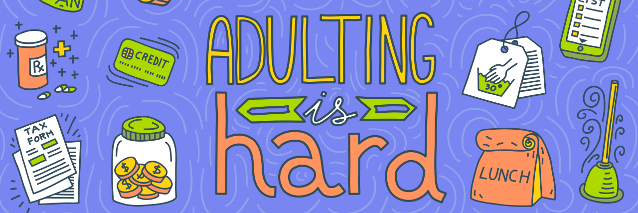 Horizontal banner with text Adulting is Hard and doodles about personal finance (money, tax, debt) and home maintenance (cooking, laundry, fixing).