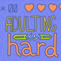 Horizontal banner with text Adulting is Hard and doodles about personal finance (money, tax, debt) and home maintenance (cooking, laundry, fixing).
