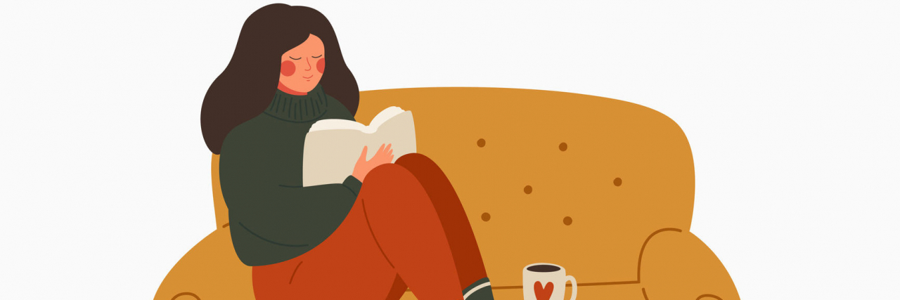 young woman dressed in a warm sweater sits on the couch and reads a book. vector illustration