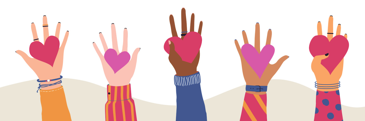 Dealing With Anger and Compassion Towards Anti-Vaxxers Illustration of diverse, different hands holding hearts