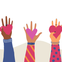 Illustration of diverse, different hands holding hearts