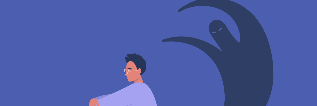 Tips for Better Sleep and Fewer Nightmares With Bipolar Disorder Illustration of man sitting with imaginary monster shadow silhouette behind him