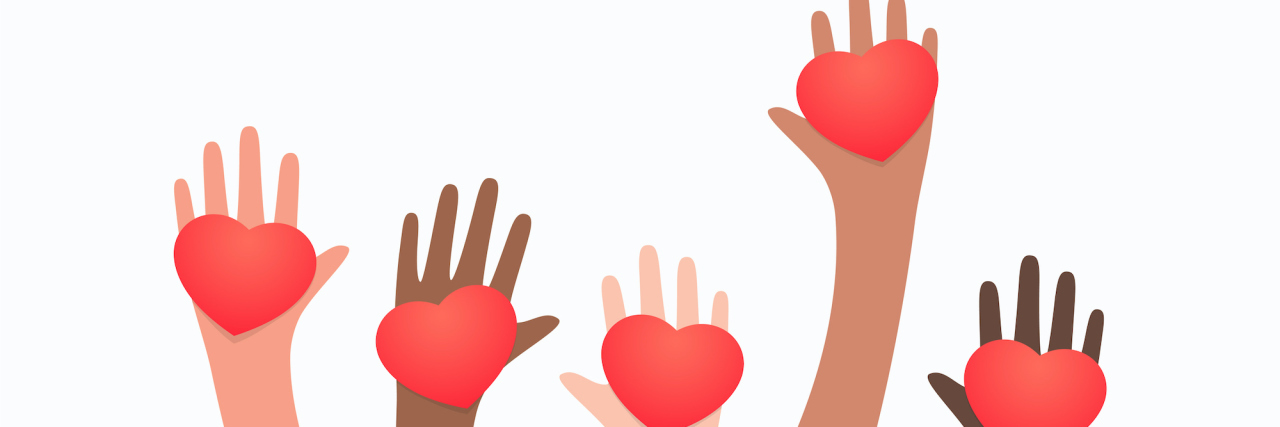 Illustration of diverse set of hands holding hearts