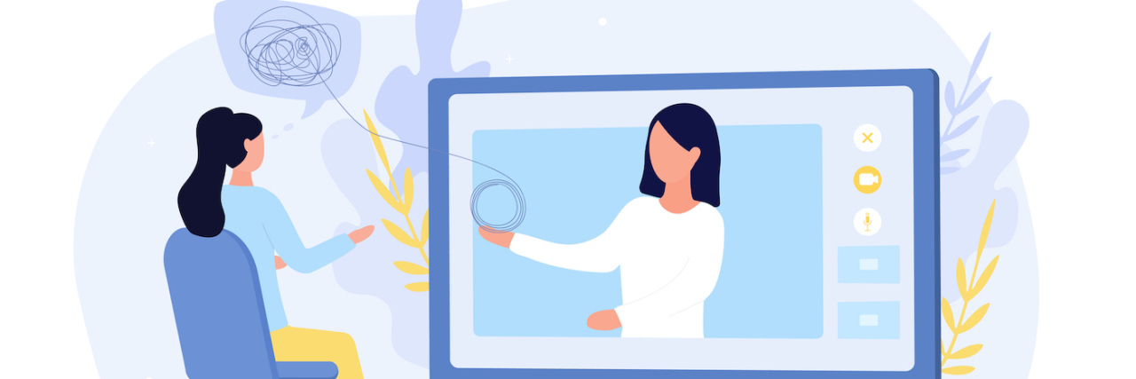 Realizing Therapists Are Human After Mine Breached My Confidentiality Illustration of woman receiving virtual therapy with therapist on computer screen holding a thought bubble