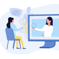 Illustration of woman receiving virtual therapy with therapist on computer screen holding a thought bubble