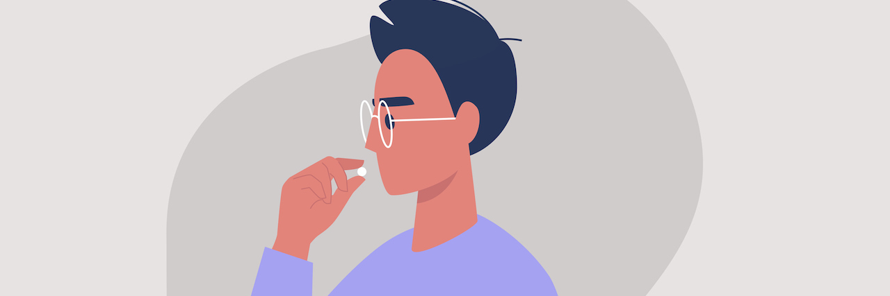 The Most Challenging Side Effects of My Depression Medication Young male character taking a pill,