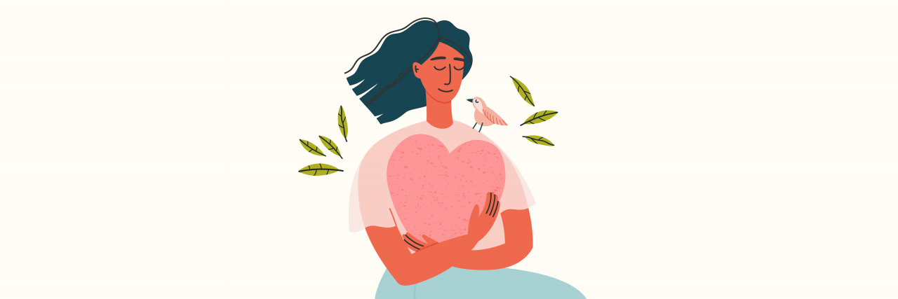 Illustration of a woman sitting and holding a heart.